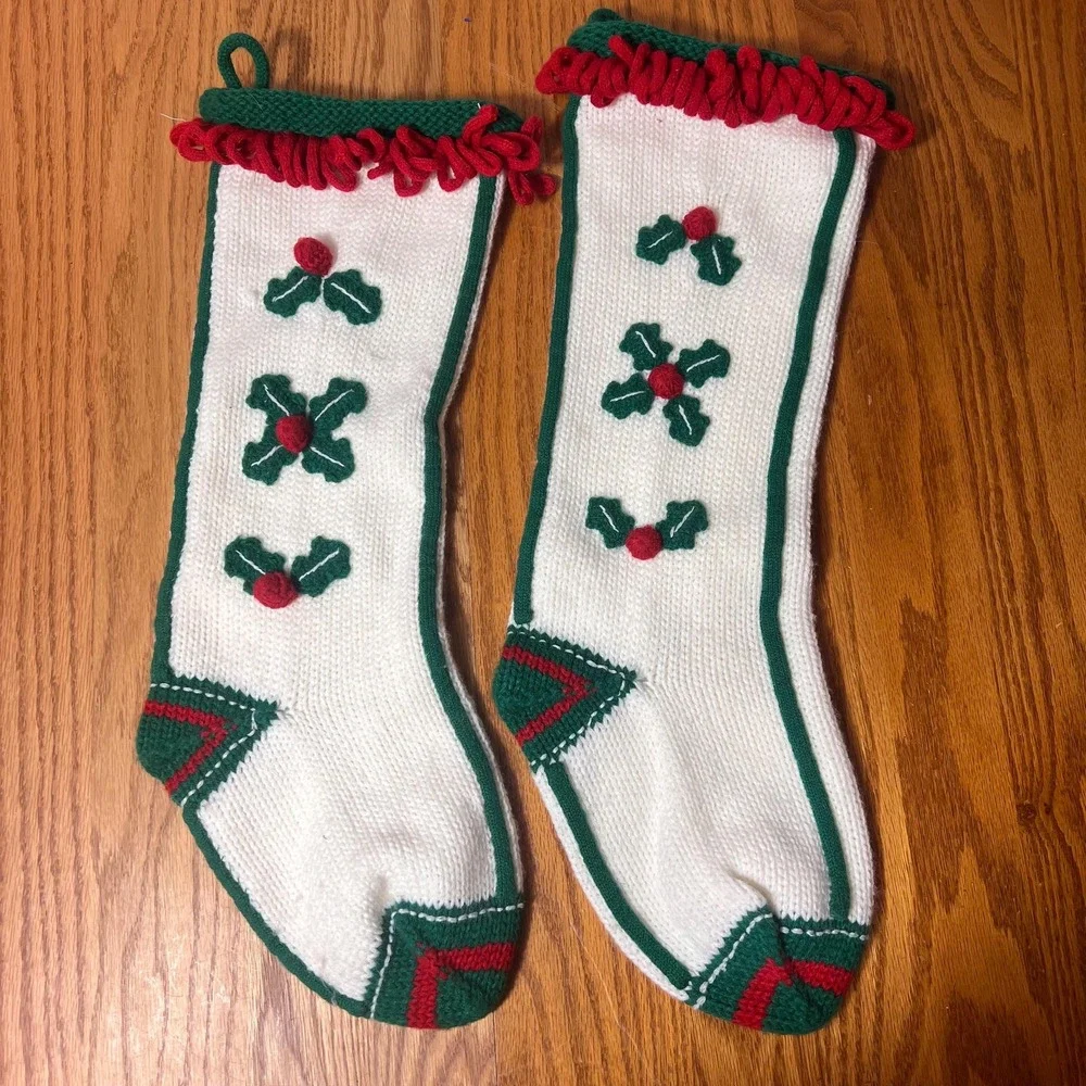 Vtg Hand Knit Christmas Stockings Set of 2 White Knit Holly Stockings Red holly